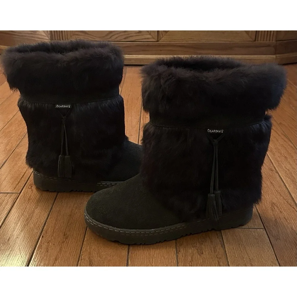 Bearpaw Rabbit Fur Boots, Dark Brown, Size 12